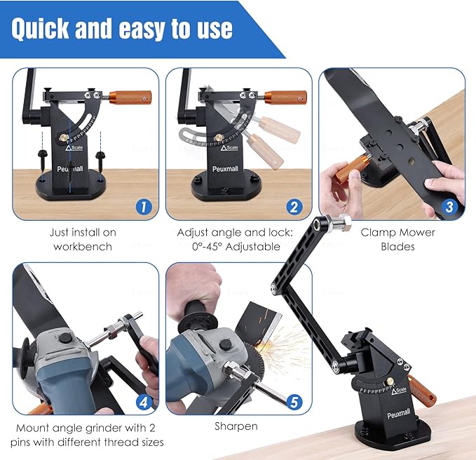 Lawn Mower Blade Sharpener, 15°-45° Adjustable Frame with Ball Bearing Manufacture Handle for Right Left Hand Blades, Lawnmower Blade Sharpening Tool Use with Angle Grinder (Black) - Max Width: 70mm