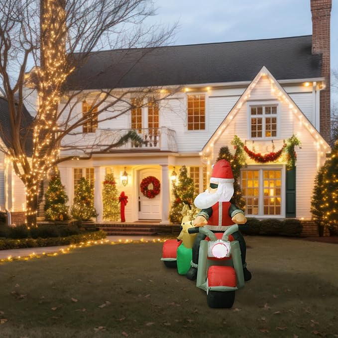 Fraser Hill Farm 6-Ft. Tall Santa on Motorcycle with Reindeer Sidecar Blow Up Inflatable with Lights, Outdoor Christmas Inflatable Decoration for Lawn and Yard, Giant Festive Holiday Decor