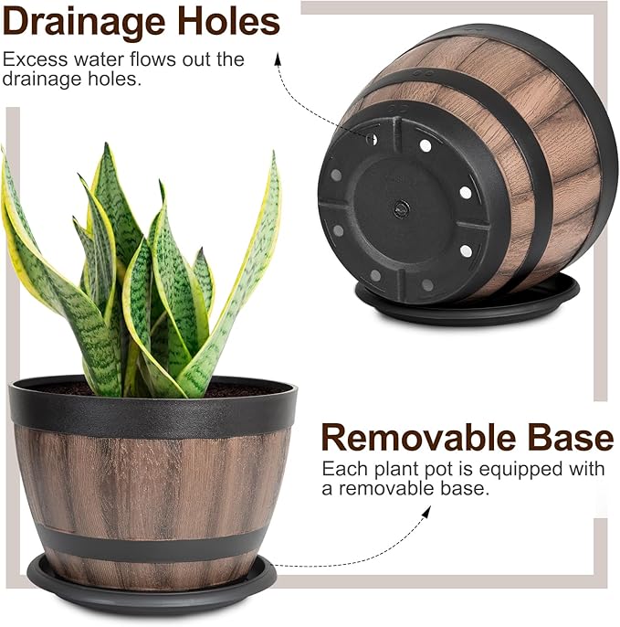 6 Pack Plant Pots with Drainage Holes, Include 3 Each of 16/12 inches Flower Pots with Saucers, Plastic Imitation Wine Barrel Design for Indoor Outdoor Garden Home Plants