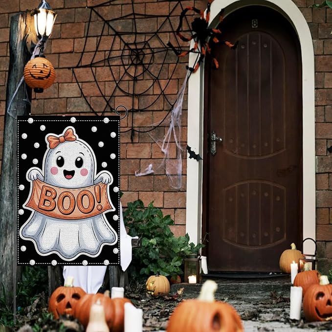 HTBIG Halloween Cute Ghost Garden Flag Decor, Funny Halloween Ghost Flag BOO, Yard Flags for Outside 12x18 inch, For Holiday Yard Outdoor Decorate