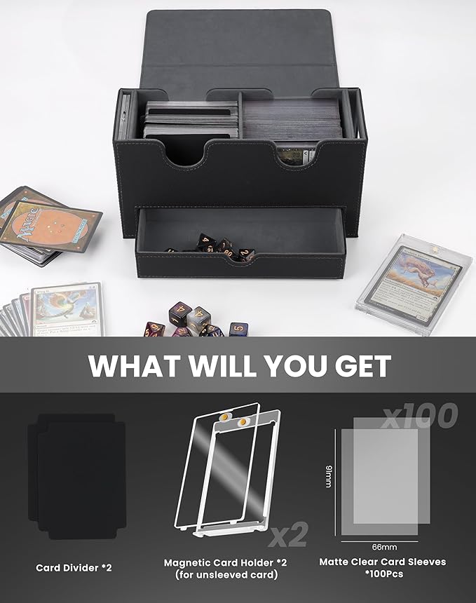 MRAUF MTG Deck Box with Double Commander Display and Dice Tray, Fits 200+ Double Sleeved Cards, Card Storage Box Plus 2 Magnetic Holders& 100Pcs Card Sleeves (Black)