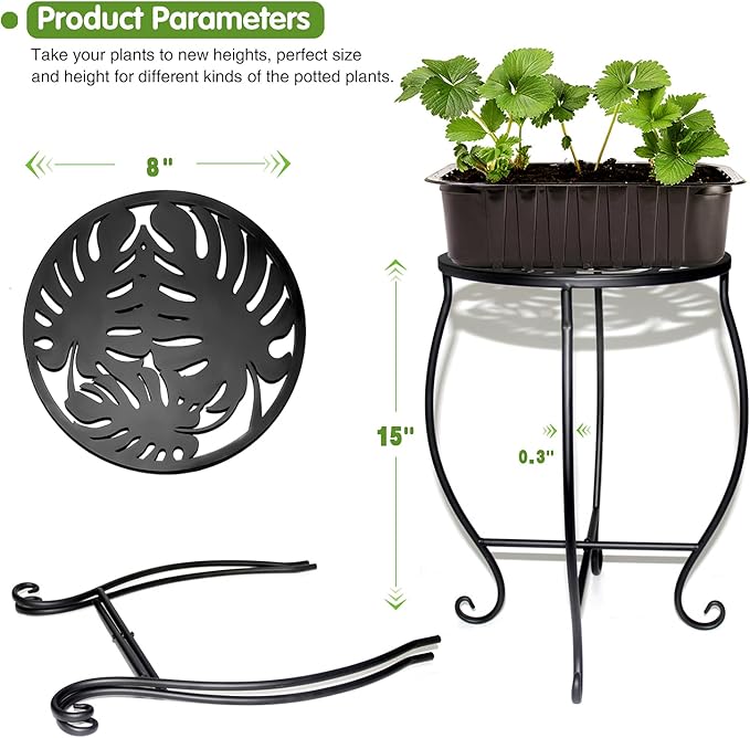 15" Tall Metal Plant Stand, 8" Wide Round Plant Stand for Flower Pot Rustproof Iron Plant Holder for Indoor Outdoor Use, Easy Assemble Flower Stand for Home Garden Display Greenery (Round 2pcs)