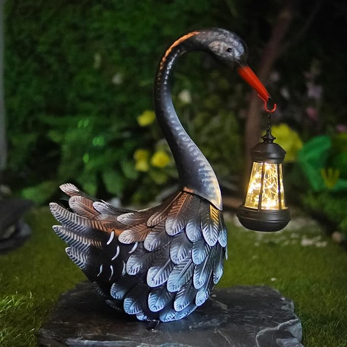 HONGLAND Solar Garden Statue Outdoor Swan Decor Bird Decor Lawn Ornament for Backyard Patio Porch Poolside（Black）