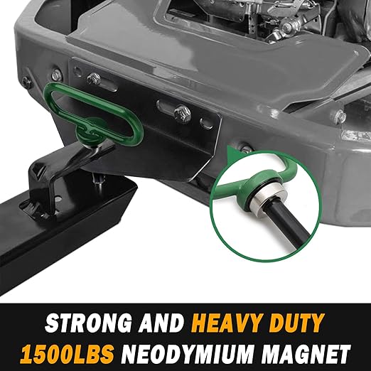 2 Packs Magnetic Hitch Pin, Lawn Mower Trailer Hitch Pins 1/2 Inch with Handle and Clip, Trailer Gate Pin for Mowers, Tractor Truck, Towing Cargo, ATV - Simple One Handed Hook On & Off（Green
