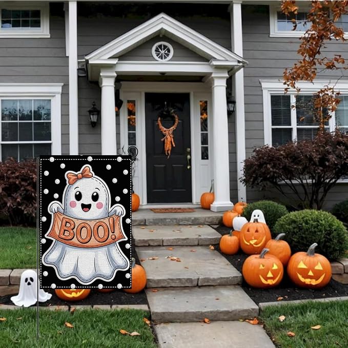 HTBIG Halloween Cute Ghost Garden Flag Decor, Funny Halloween Ghost Flag BOO, Yard Flags for Outside 12x18 inch, For Holiday Yard Outdoor Decorate