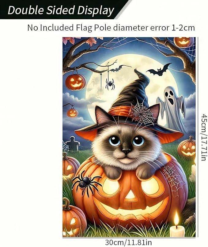 Halloween Garden Flag - Pumpkins & Siamese Cat - 12x18 Double Sided Vertical Flag - Fall & Outdoor Farmhouse Flag - Yard & Lawn Patio Banner