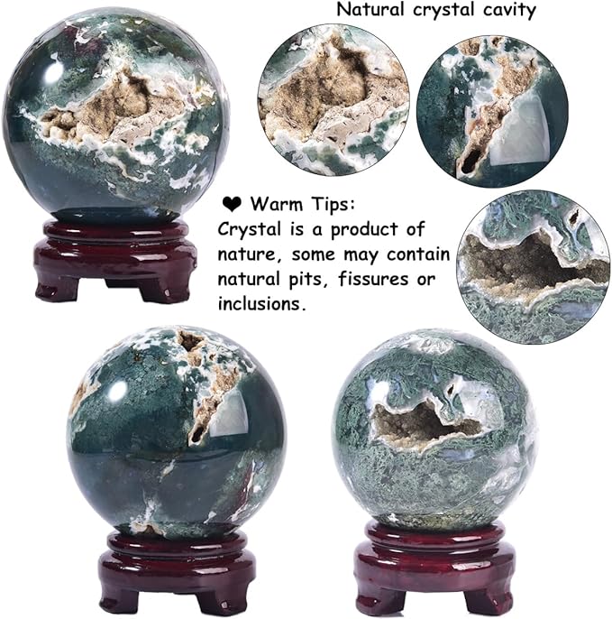 Large Moss Agate Crystal Sphere Natural Healing Crystal Ball with Stand Meditation Decorative Balls Home Decor 90-100mm/3.5-3.9"