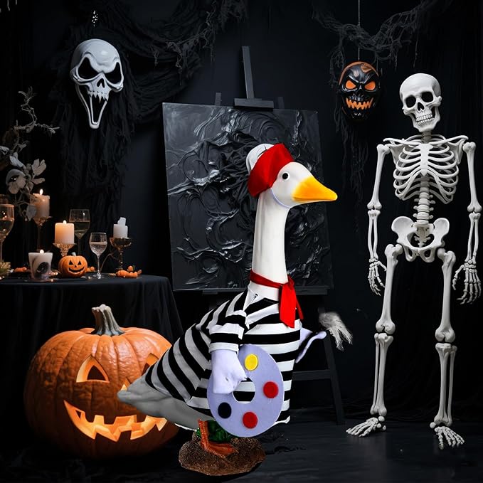 Talltalk Halloween French Artist Goose Outfit Clothes for 23" High Cement or Plastic Goose Lawn Clothing Porch Garden Costume for Porch Yard Lawn Patio Outdoor Statue Art
