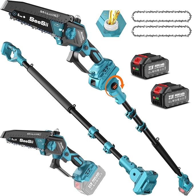SEESII 2-in-1 Pole Saws for Tree Trimming: Electric Mini Chainsaw 6 Inch Cordless, 2 x 4000mAh Batteries Tree Pruner, Brushless Chain Saw with Extension Pole for Limb Branch Cutter,16Ft Reach