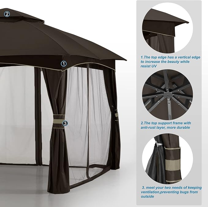 MASTERCANOPY Outdoor Patio Gazebo for Garden with Upgrade Steel Frame and Netting Walls (10x12,Brown)