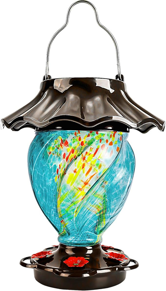 LUJII Solar Powered Hummingbird Feeder for Outside, Hand Blown Glass, 35 fl.oz, Never Leak, Waterproof, Metal Base Top, Lighted Lantern for Garden Decoration, Unique Gift for Bird Lovers, Teal