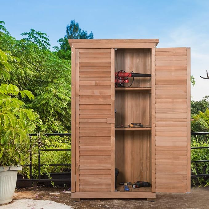 S AFSTAR Outdoor Storage Shed, Wooden Tool Storage Shed w/Detachable Shelves & Pitch Roof & Shutter Vents, Garden Storage Cabinet for Backyard Patio Deck Porch, 34.5”L x 18.5”W x 63”H, Natural