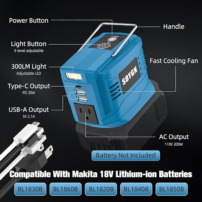 Power Inverter for Makita 18V Battery: Portable Power Supply Inverter Convert - 200W DC 18V to AC 110V~120V Battery Powered Outlet with 2 USB&AC&Type-C Phone Charger Power Station