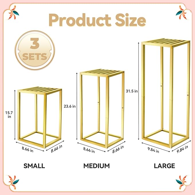 Cylinder Pedestal Stands for Party & Plant,3pcs Square Gold Metal Wedding Flower Display Stand for Centerpieces,15.7/23.6/31.5 inch Tall