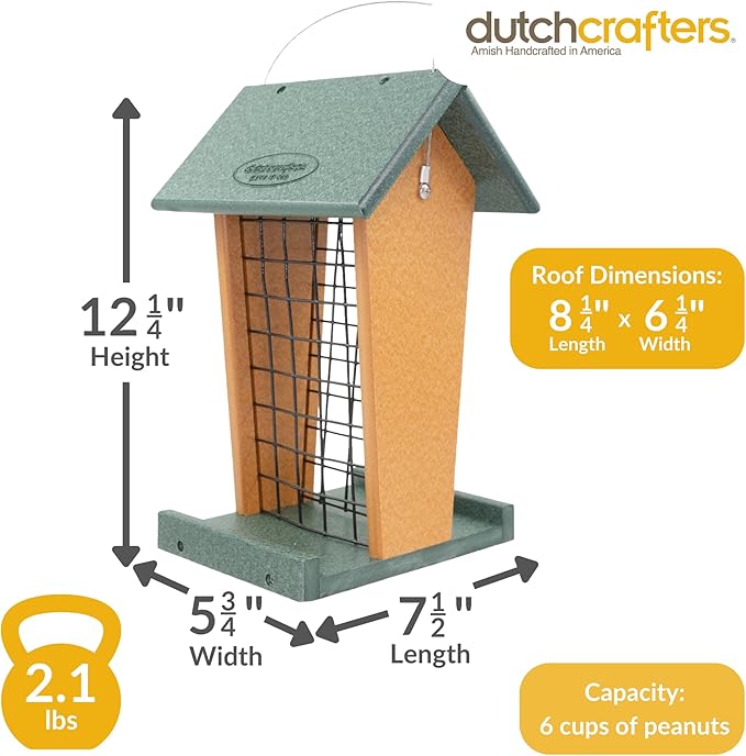DutchCrafters Plastic Poly Hanging Whole Peanut Bird Feeder for Large Birds, Woodpeckers, Crows, Blue Jays for Outdoor, Garden, Yard - USA Amish Made (Turf Green & Cedar)