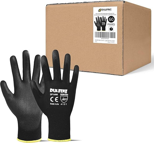 DULFINE Ultra-Thin PU Coated Work Gloves-60 Pairs,Excellent Grip,Nylon Shell Black Polyurethane Coated Safety Work Gloves, Knit Wrist Cuff,Ideal for Light Duty Work. (Medium)