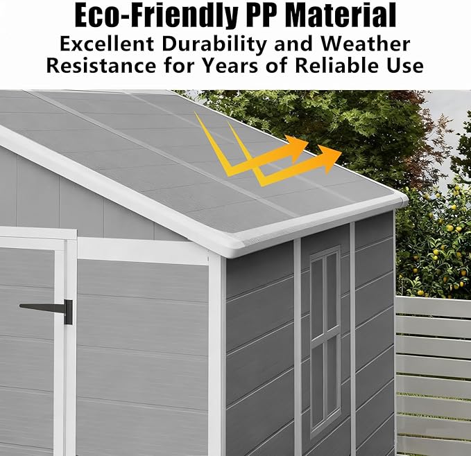 Outdoor Shed 5x3/6x4/7x7/8x6/8x10/8x12 FT, 15MM Thick PP Resin Plastic Shed with Lockable Door & Floor - Waterproof Plastic Tool Shed for Bike, Garbage Can, Backyard, Patio ﻿ ﻿ (Grey, 8x6FT)