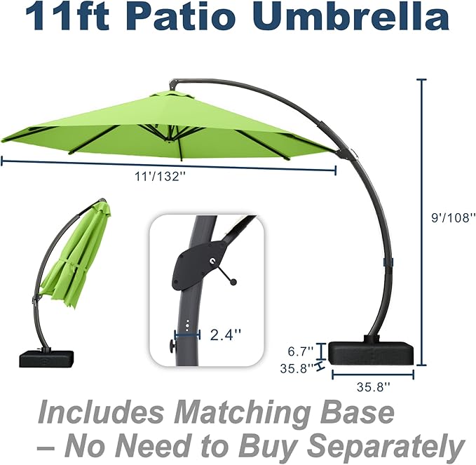11FT Cantilever Umbrella with Base Large Curvy Outdoor Aluminum Offset Umbrella w/ 360° Rotation, UV Resistant Canopy for Patio, Garden, Backyard, Apple Green
