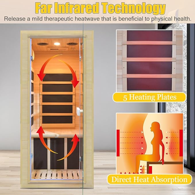 Far Infrared Home Sauna Mini Indoor Dry Personal Sauna Room,Hemlock Wood Sauna,with 1200W 5 Heating Panels, Heating Machine Equipment for Home Workout Yoga,Choice for Family（ 27.16x32.28x59 Inch）