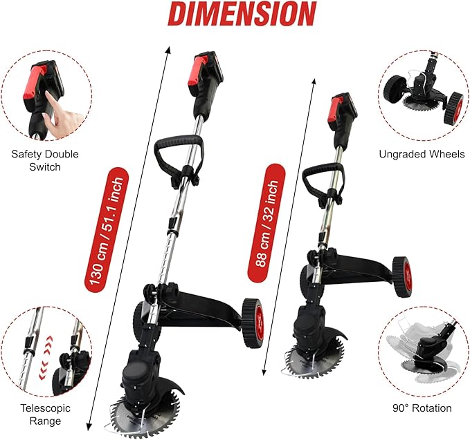 ALSO GO 21V Electric Cordless Weed Wacker, 3-in-1 Weed Eater with 2-Battery Powered, Lawn Mower/Grass Trimmer/Lawn Edger with 3 Types Blades, Stringless Grass Wacker with Wheels (2 Battery Include)