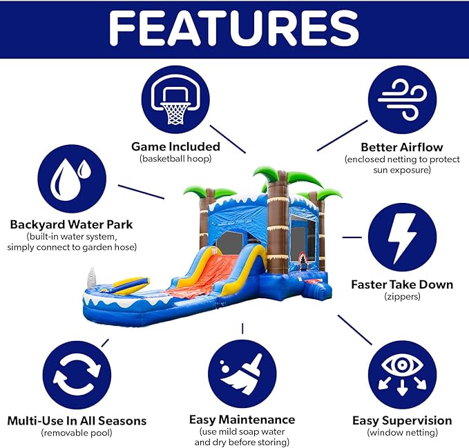 HERO KIDDO Ocean Shark Commercial Grade Lightweight Premium Bounce House Water Slide with Detachable Pool for Kids and Adults (with Blower), Basketball Hoop, Outdoor Indoor, Wet Dry Combo