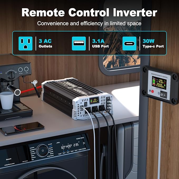 2000 watt Pure sine Wave Inverter, 12V DC to 110V AC Power Inverter, Used for Solar Emergency Power Supply in RV Homes, with 3 AC Output sockets, USB Port, Type-C Port, Remote Control with LCD Screen