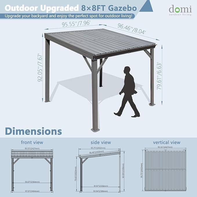 Domi 8’ x 8’ Wall-Mounted Hardtop Gazebo Pergola – Permanent Lean-to Outdoor Shelter with Sloped Galvanized Steel Roof & Upgraded Drainage – Grey Metal Patio Cover for Backyard, Deck, Garden