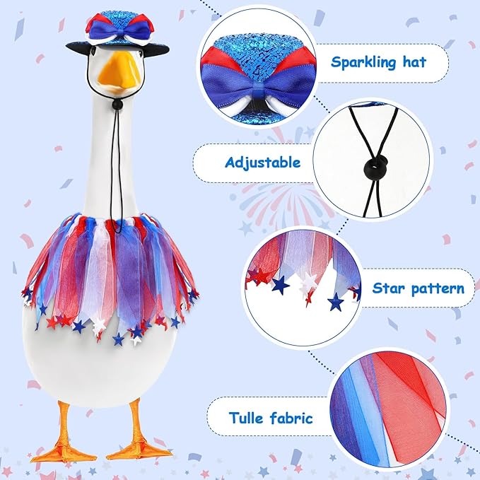 Independence Day Goose Outfit, 2 Pcs Set Hat and Tulle Ballet Skirt for 23" 17" Cement Statue Lawn Goose Clothes Costumes 4th of July Goose Outfit for Party Outdoor Patio Yard Lawn Decor