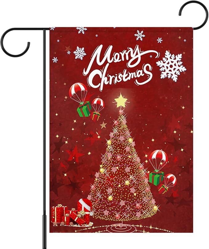 Merry Christmas Garden Flag 12 x 18 Inch Vertical Double Sided Glowing Xmas Trees Landing Gift Boxes Winter Holiday Decoration Outdoor Yard Lawn Flag