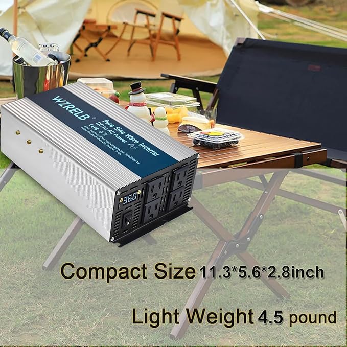 WZRELB 1800W Pure Sine Wave Inverter 36V DC to 110V 120V AC,Car Power Inverter with 4 AC Outlets, LED Display,Off-Grid Portable Power Converter for Home, RV, Truck, Camping