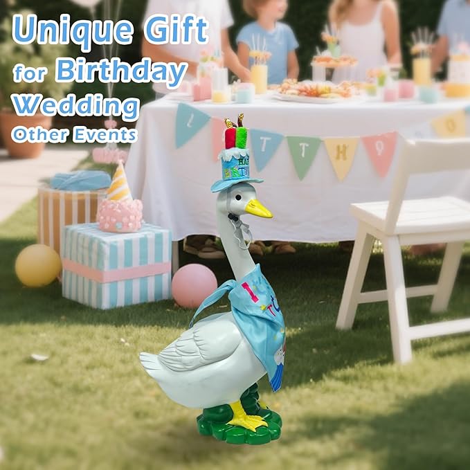 Porch Goose Statue Wear Clothing Outfit-20"High Large Garden Goose Decor Wear Birthday Clothes, Big Resin Duck Sculpture, Yard Goose with Birthday Costume Decorations for Girl/Boy Indoor&Outdoor Party