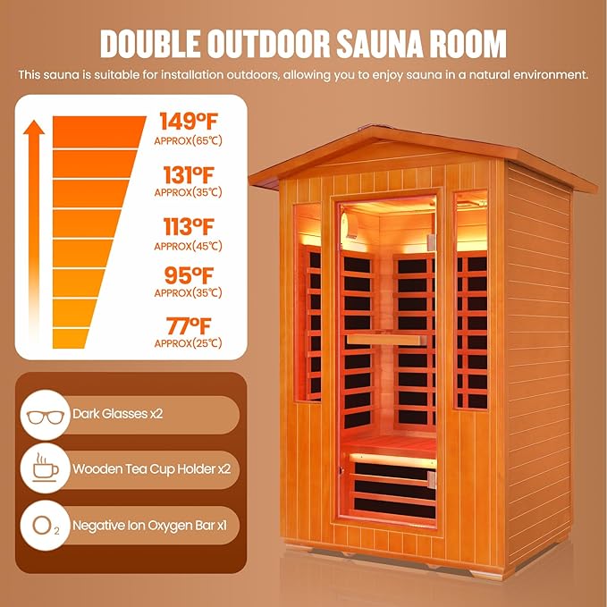 Outdoor Sauna 2 Person Far Infrared Sauna with LED Beauty Lamp Dry Spa Room Low-EMF 2080W 110V Bluetooth Speakers 48.8"x38.2"x81.9"