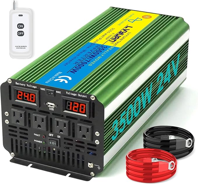 LVYUAN 3500W Pure Sine Wave Inverter DC 24V to AC 110V/120V Car Inverter with 4 AC Outlets USB Port for Camping/Truck/RV/Solar System/Travel Camping