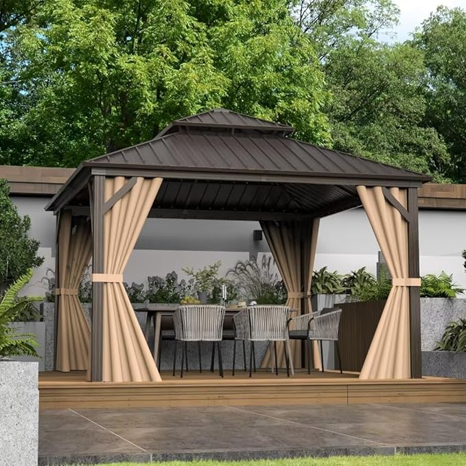 Domi 12'x12' Hardtop Gazebo Canopy,Outdoor Metal Gazebo with Galvanized Steel Double Roof,Curtain and Netting,Permanent Pavilion for Patio Deck,Backyard
