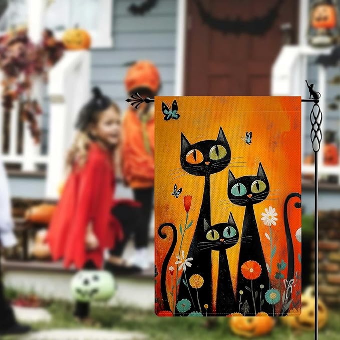 Black Cat Garden Flag Halloween Garden Flag Seasonal Vertical Double Sided Rustic Farmland Burlap Yard Lawn Outdoor Decor 12.5x18"