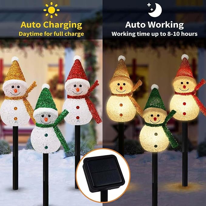3PCS Snowman Shape Solar Christmas Lights Decorations, Solar Landscape Pathway Stakes Lights, Outdoor Christmas Lights Decor for Garden, Yard, Porch (Color Hat- Warm White)