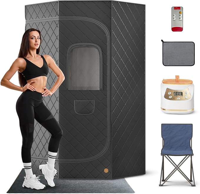 Home Steam Sauna Box, Portable Sauna for Home, Steam Sauna Tnet Full Size Single Person Sauna with 3.0L&1500W Steamer, Remote Control, Foldable Chair & RGB LED Light （Black）