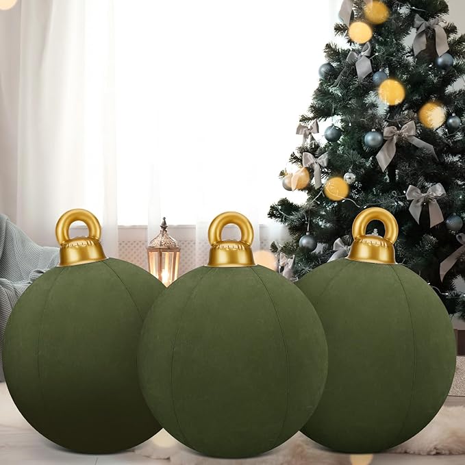 Jetec 3 Pcs 32 Inch Giant Velvet Christmas Inflatable Balls Ornament Flocked Xmas PVC Inflatable Flocked Ball Ornaments for Christmas Holiday Outdoor Blow up Yard Decor(Green)