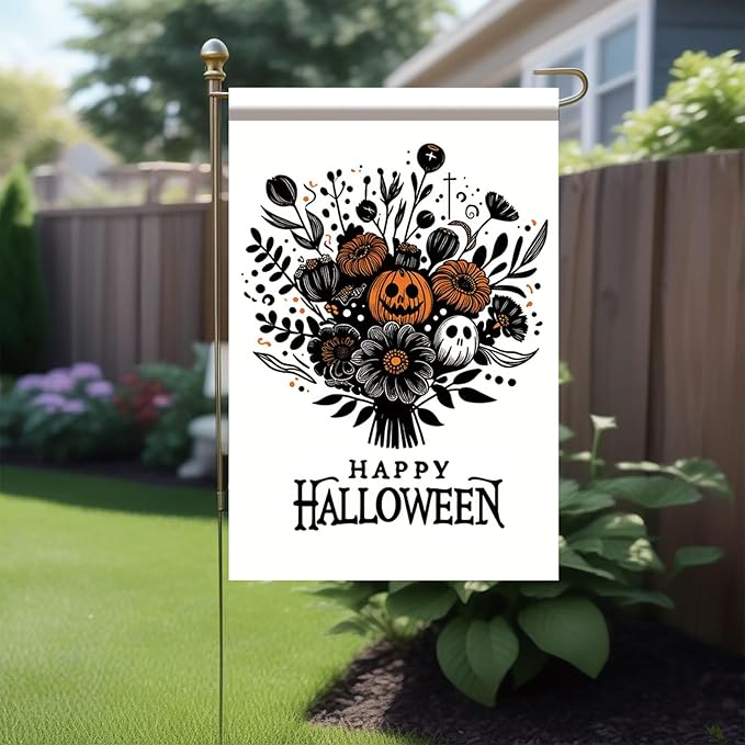Halloween Garden Flag 12x18 Inch Pumpkin Ghost Floral Bouquet Yard Banner Happy Halloween Outdoor Decoration Double Sided Seasonal House Flag for Porch Patio Lawn Garden Party Fall Decor