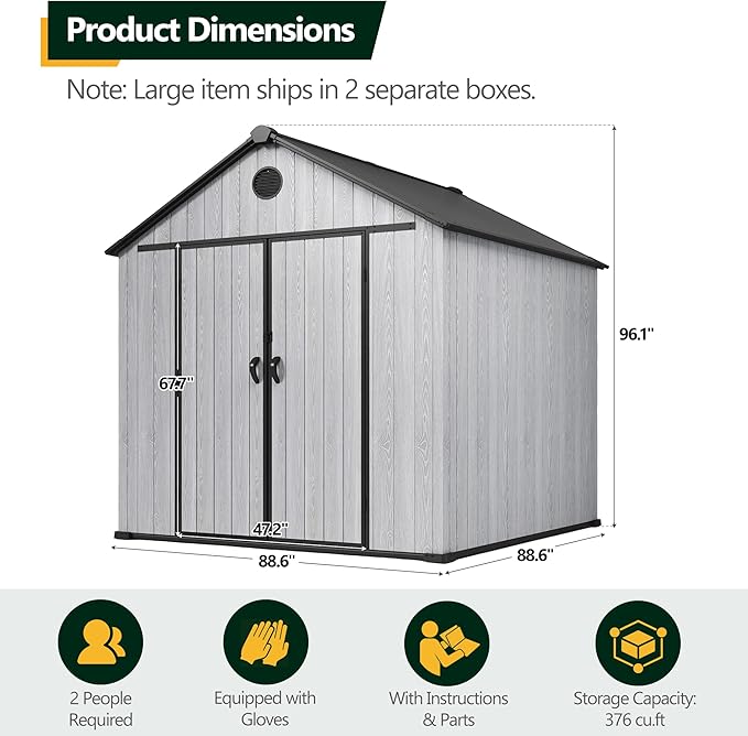 Seizeen 8x8 FT Outdoor Storage Shed, All-Weather Resin Plastic Shed with Floor, Window, Lockable Doors & Vents, Patio Garden Tool Shed for Storing Lawn Mower, Bike, Outdoor Furniture (Light Gray)