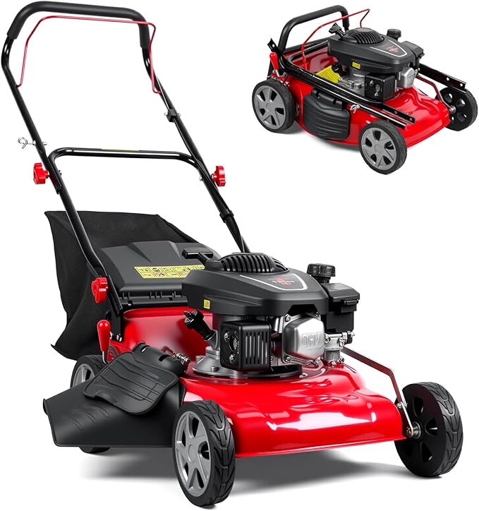 Lawn Mower Gas, Self Propelled 18-Inch 131cc Lawn Mowers & Tractors, 3-in-1 Gas-Powered Lawnmower with 50L Bag, Mulching and Side Discharge, Adjustable Cutting Height, Easy Start for Yards