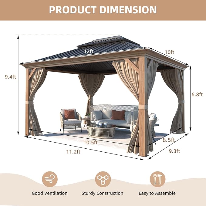 MELLCOM 10' x 12' Hardtop Gazebo, Wooden Finish Coated Aluminum Frame Gazebo with Galvanized Steel Double Roof, Outdoor Permanent Metal Pavilion with Curtains and Nettings for Patio, Lawn & Garden