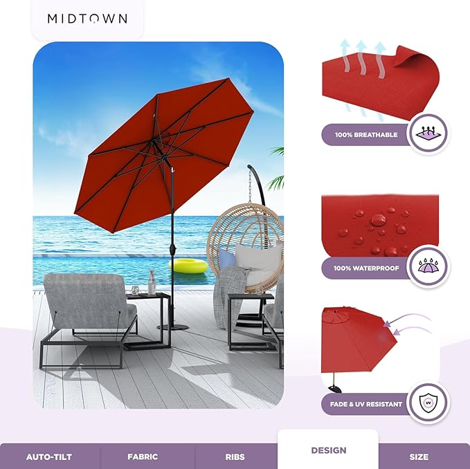Midtown Umbrellas Sunbrella Umbrella 10 Feet Large Outdoor Umbrella With Sunbrella Red Acrylic Fabric - Auto-Tilt Aluminum Frame Large Patio Umbrella For Backyard, Deck, Garden, Pool - Black Pole