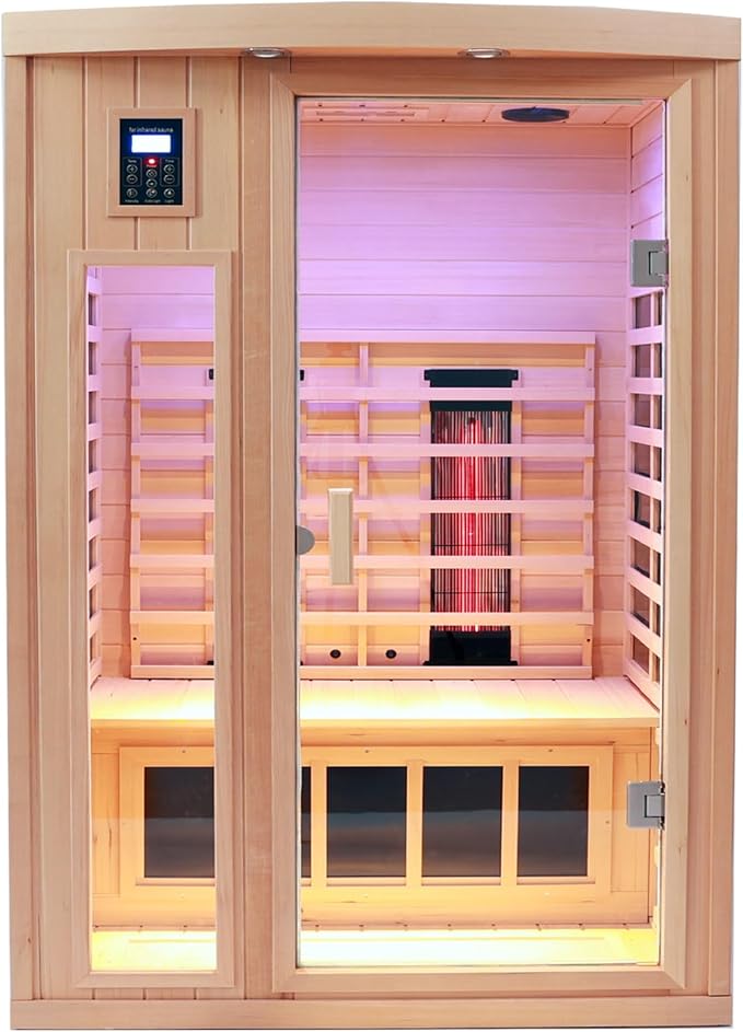 Ceramic 2 Person Infrared Sauna, Far Infrared Sauna for Home, Hemlock Wood Saunas Room, 2 in 1 Indoor Sauna with Low EMF Heaters + Ceramic Heating Cubes-Chromotherapy-Bluetooth Speaker
