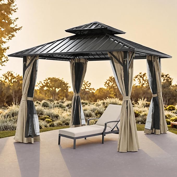 10' x 10' Hardtop Gazebo, Aluminum Frame Outdoor Patio Gazebos with Netting and Curtains, Outdoor Gazebo Canopy, Patio Pergola with Double Steel Roofs for Backyard, Patio, Deck, Sandstone