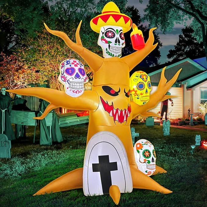8FT Halloween Inflatable Decorations, Blow up Tree Decorations Day of The Dead Catrina Skulls Dia de Los Muertos, Built-in LEDs for Halloween Party, Garden, Lawn, Yard, Patio Décor