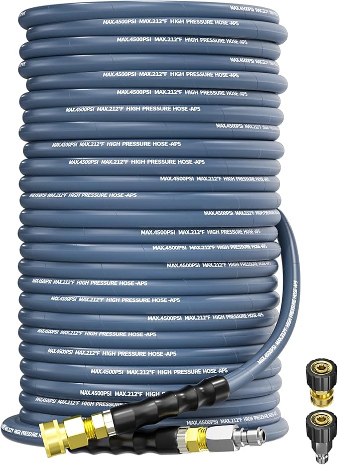 Pressure Washer Hose 150FT 3/8" for Cold and Hot Water 212°F, with Swivel Quick Connect, 4500PSI Kink Resistant Grade Steel Wire Braided, Power Washer Hose With 2pcs M22-14mm Adapter