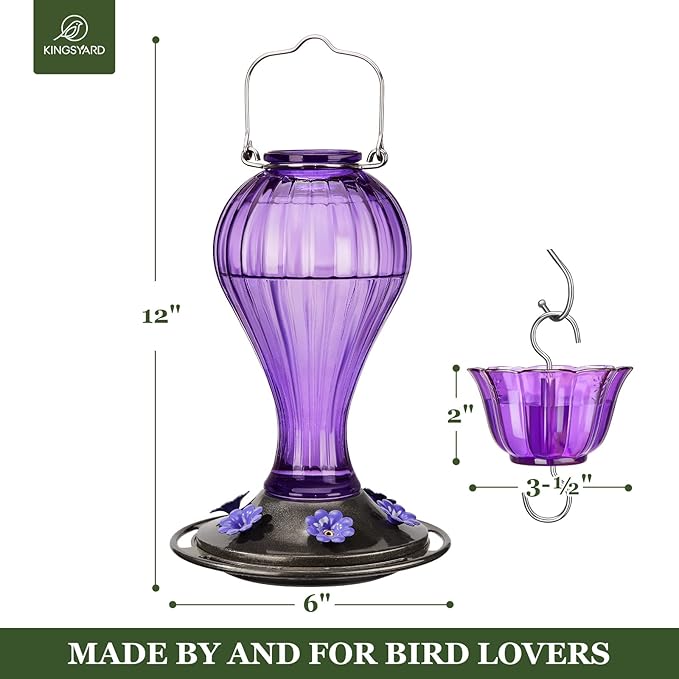 Kingsyard Glass Hummingbird Feeder 24 Ounces, 6 Feeding Ports, Hanging Bird Nectar Feeder for Outdoors Garden Yard Décor, Ant Moat Included, Purple