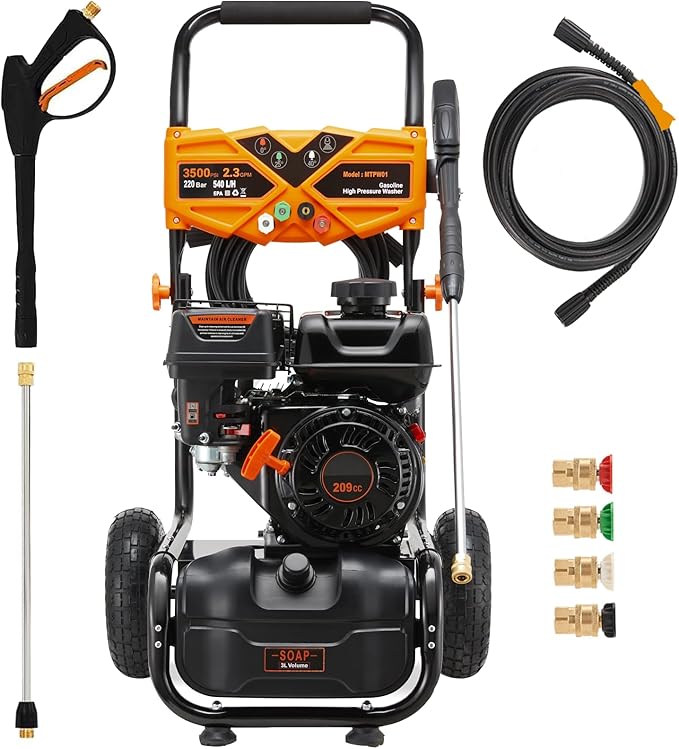 Gas Pressure Washer, 3500PSI Gas Power Washers 209CC 2.3GPM High Pressure Washers with 25FT Hose, 4 Quick-Connect Nozzles, Soap Tank, Axial Pump, Portable Pressure Washer Gas Powered for Car