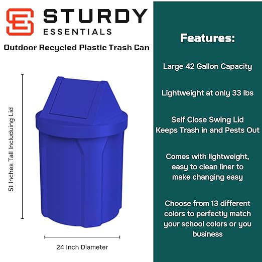 42 Gallon Round 100% Recycled Plastic Indoor or Outdoor Commercial Trash Can with Easy Access Swing Top Lid | Great for Schools and Businesses - Blue